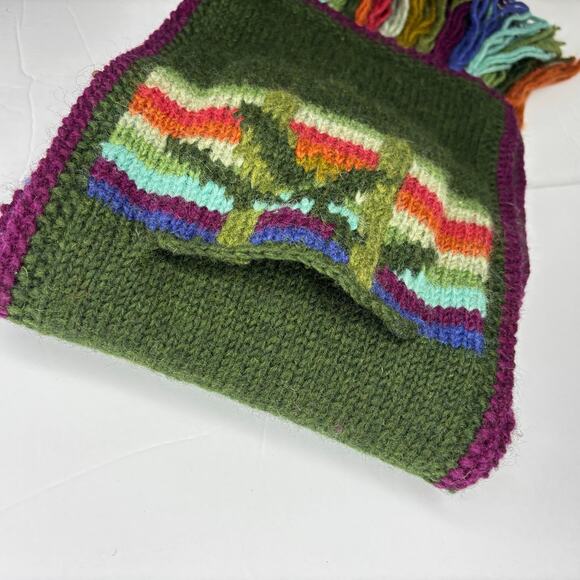 Knit Wool Pocket Scarf Lost Horizons Green Striped Handmade Nepal 9x63 Warm Boho - Picture 5 of 9